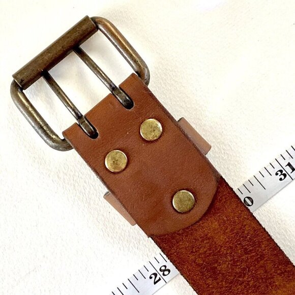 Wide Leather Belt Men’s MED BROWN Brass Buckle Oil Tanned Double Tongue Western - Picture 2 of 6